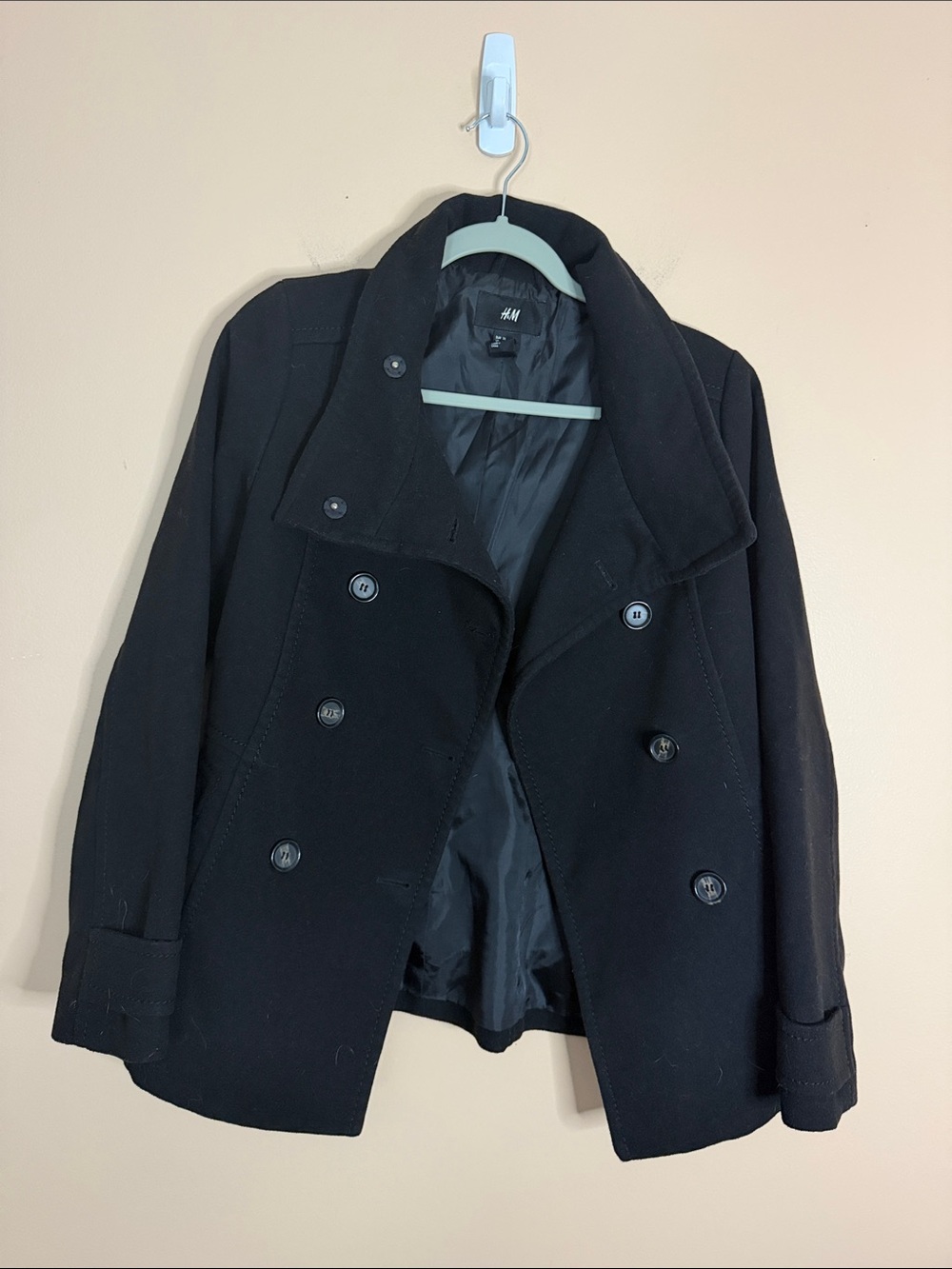 H&M Black Double-Breasted Wool-Blend Pea Coat
